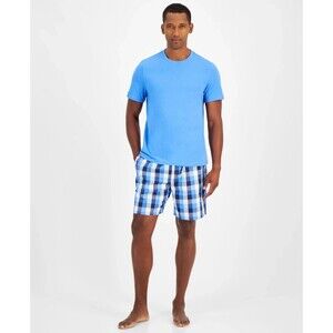 CLUB ROOM Pajama Set Mens Small Blue Pullover Crew T-Shirt Plaid Cotton Shorts